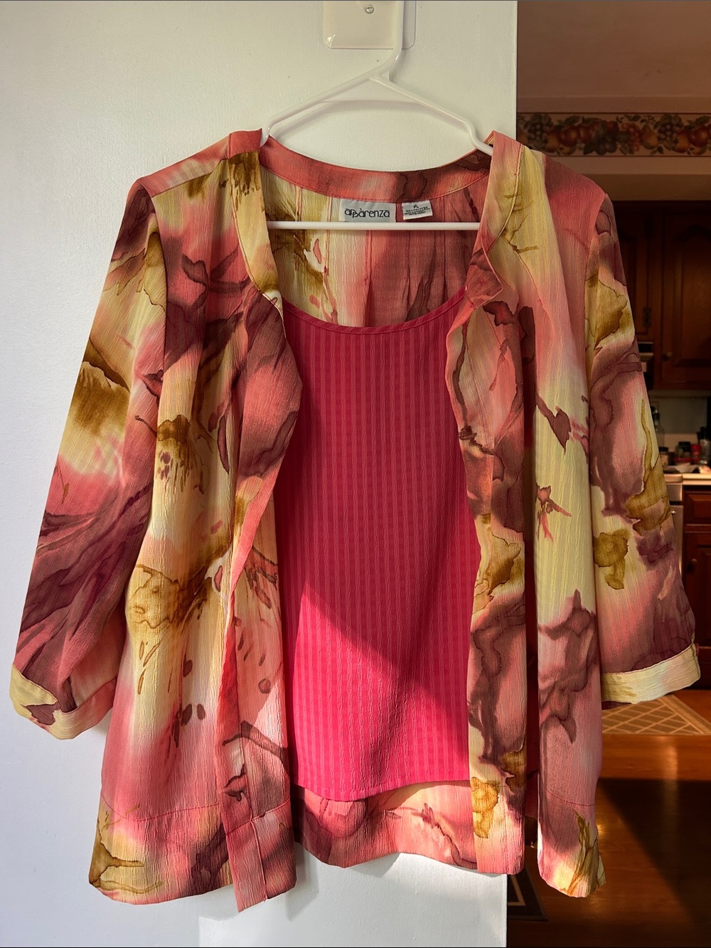 Apparenza || Pink Floral Sheer Button-Front Cardigan with Ribbed Tank